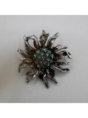 Vintage Sunflower Brooch Blue Rhinestone Silver Tone Abstract Pin Floral